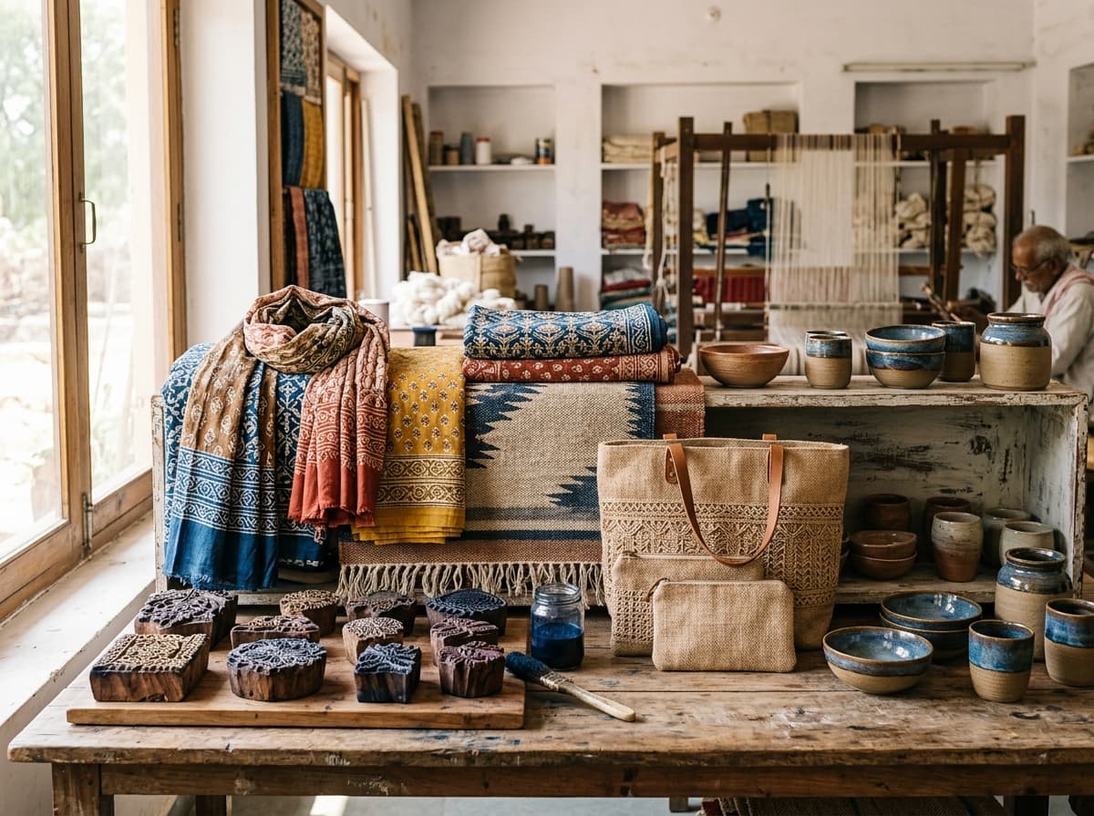 Handcrafted textiles, bags, and pottery in an artisan workshop